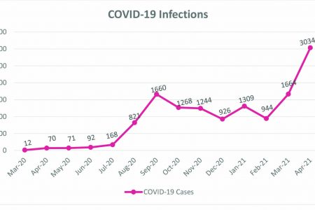 A Stabroek News graph showing the number of new infections that were recorded each month from when Guyana reported its index case in March 2020 until last Friday