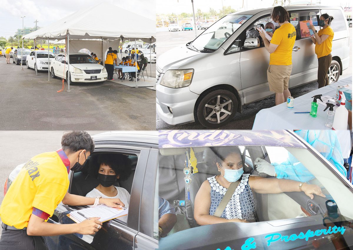  Scenes from the Ministry of Health’s COVID-19 Vaccination Drive-Thru at the Guyana National Stadium on Saturday. The 12-hour event, which started at 9 am, saw a steady flow of traffic in and out of the stadium as persons turned up to access first or second doses. Health Minister Dr Frank Anthony was reported by the Department of Public Information as saying that the event would be reviewed at its conclusion to determine its effectiveness and whether it should be replicated in other parts of the country. Anthony also noted that at the start of yesterday close to 180,000 people across the country had received their first dose of a vaccine, with over 45,000 of them having received their second dose. (DPI photos) 