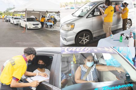  Scenes from the Ministry of Health’s COVID-19 Vaccination Drive-Thru at the Guyana National Stadium on Saturday. The 12-hour event, which started at 9 am, saw a steady flow of traffic in and out of the stadium as persons turned up to access first or second doses. Health Minister Dr Frank Anthony was reported by the Department of Public Information as saying that the event would be reviewed at its conclusion to determine its effectiveness and whether it should be replicated in other parts of the country. Anthony also noted that at the start of yesterday close to 180,000 people across the country had received their first dose of a vaccine, with over 45,000 of them having received their second dose. (DPI photos) 