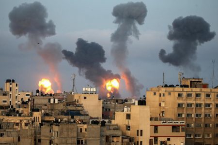 Flames and smoke rise during Israeli air strikes amid a flare-up of Israel-Palestinian violence, in the southern Gaza Strip on May 11, 2021. (Reuters photo)