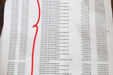 One page of the hardcopy of the bank statement that shows the transactions that were done with Kellon Rover’s account. 