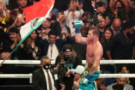 Canelo Alvarez exults after his victory Saturday night. (BBC photo)