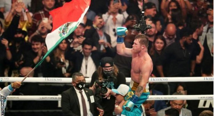 Canelo Alvarez exults after his victory Saturday night. (BBC photo)