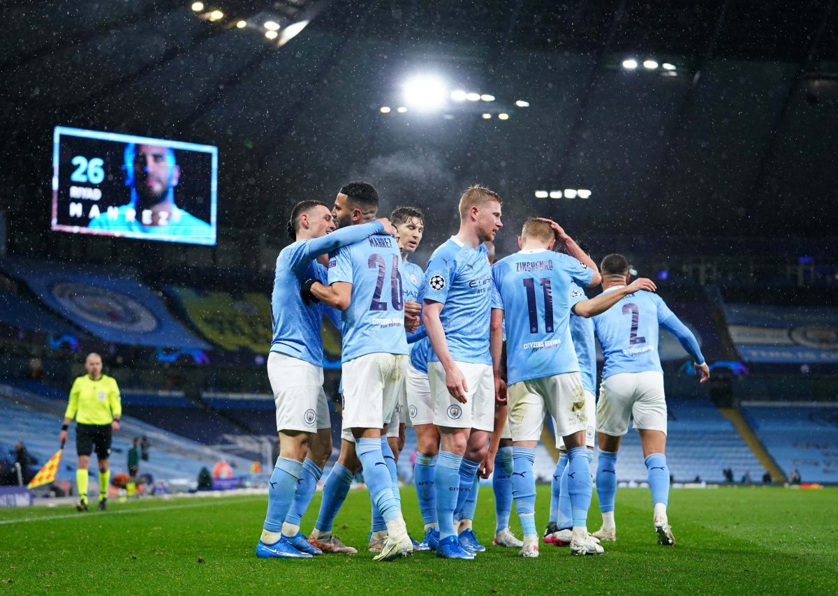 Manchester City players celebrate reaching the Champions League final yesterday.
