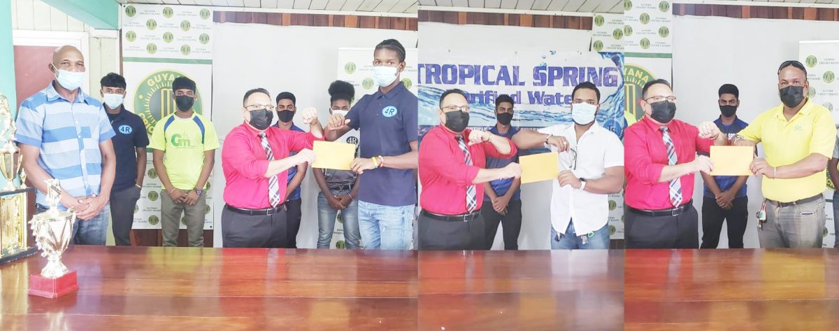 Isai Thorne, right, representing  4R Bearings, hands over the sponsorship cheque to GCB President, Bissondyal Singh for the Amazon Hawks while at centre, Tropical Springs’ Aravinda Gainda of the Falcons makes his donation and, at right, General Marines’ Floyd Allen presents the sponsorship cheque for Eagles to Singh.