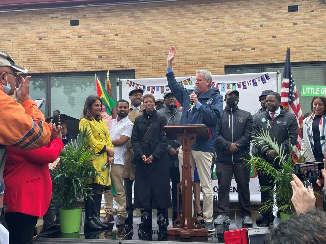 New York Mayor Bill de Blasio during his address to the gathering 