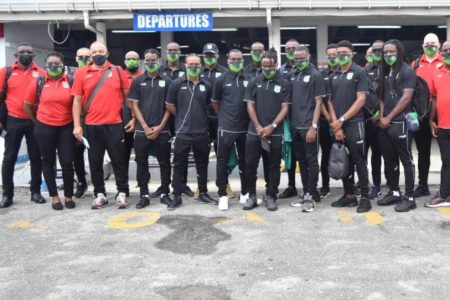 Members of the Golden Jaguars local side prior to their departure for Antigua and Barbuda to commence a training camp for the 2022 FIFA World Cup Qualifiers in St Kitts and Nevis 
