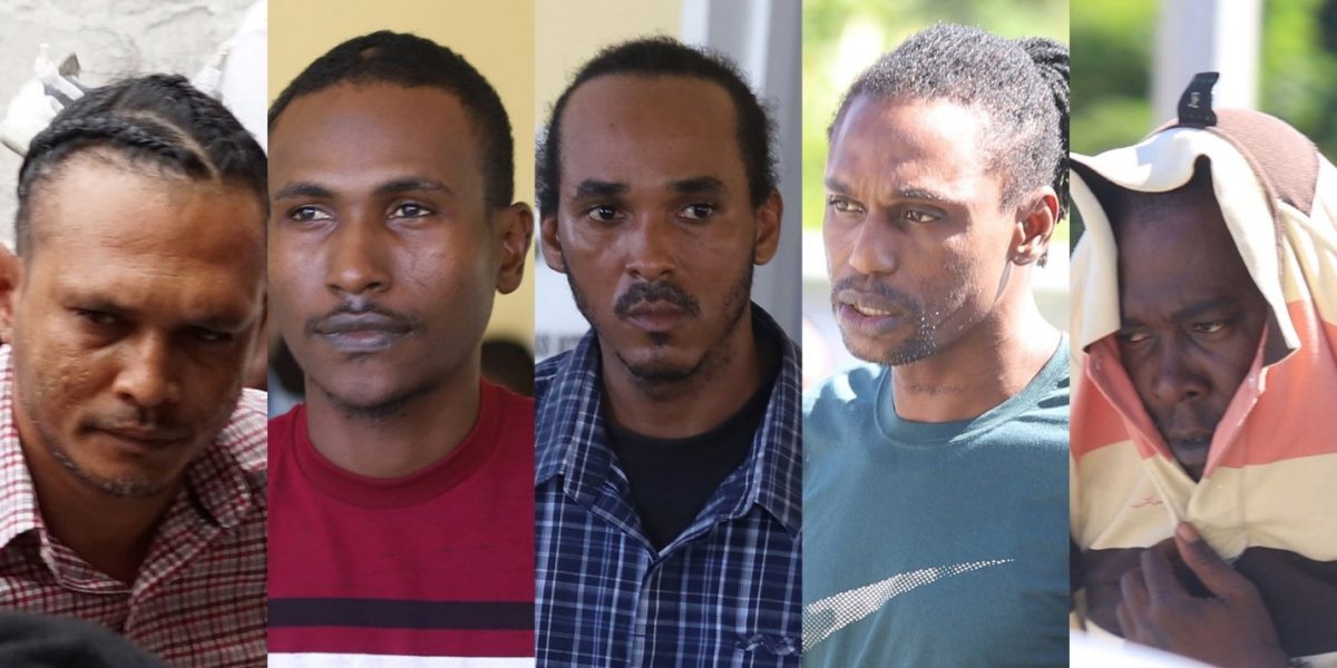 The accused: From left to right: Lloyd Sadloo, Mark Rufino, Paul Chan, Troy Abrams, and Sean Thomas.