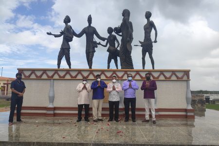 On the occasion of the 183rd Indian Arrival Day, Indian High Commissioner to Guyana, Dr KJ Srinivasa (third from right)  along with  Anand Persaud, Minister within the Ministry of Local Government (second from right) and others yesterday visited the Indian Arrival Monument installed at Palmyra Village in Berbice and offered floral tributes. (Indian High Commission photo)