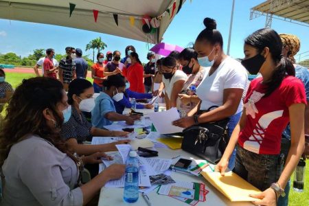 Residents of Region Three applying for the GOAL scholarship programme (Ministry of Public Works Photo)