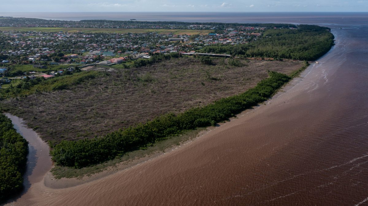 A view of the vast amount of mangroves cleared on the land being developed for the offshore facility in contrast to the section at the top of the photo. (Caliper Drones photo for Stabroek News) 