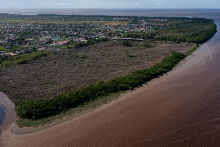 A view of the vast amount of mangroves cleared on the land being developed for the offshore facility in contrast to the section at the top of the photo. (Caliper Drones photo for Stabroek News)
