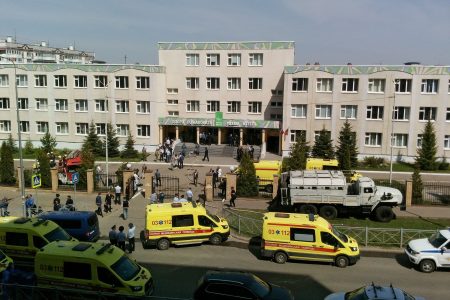 A view shows School Number 175 following a recent shooting in Kazan, Russia May 11, 2021. REUTERS/Alexey Nasyrov