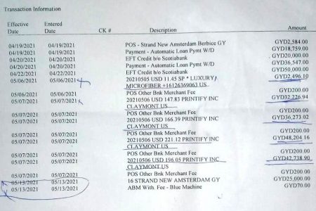 A bank statement highlighting some of the unauthorised transactions 