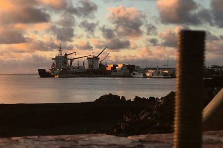 A container ship unloads at the Matautu port, which has been expanded through support from Japan, in the Samoan capital of Apia, July 12, 2019. Picture taken July 12, 2019. REUTERS/Jonathan Barrett/File Photo