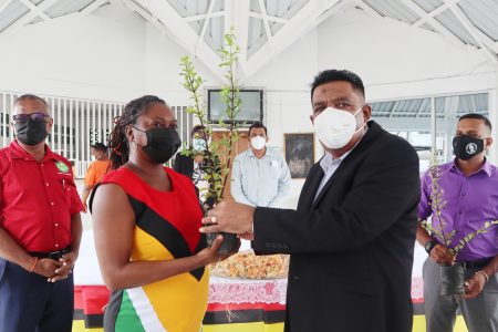 Agriculture Minister Zulfikar Mustapha (right) handing over a seedling. (Ministry of Agriculture photo)