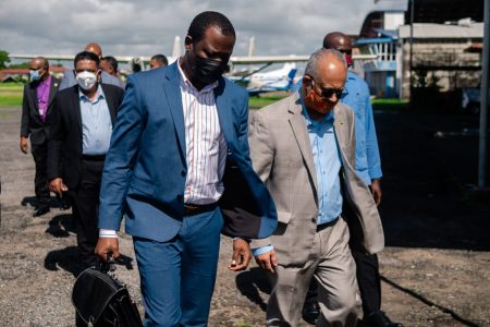 Guyana's Foreign Minister Hugh Todd (left) with Suriname's Foreign Minister Albert Ramdin (Ministry of Foreign Affairs photo)