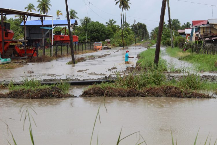 A resident of Yakusari showing the officials the height of the water in his street