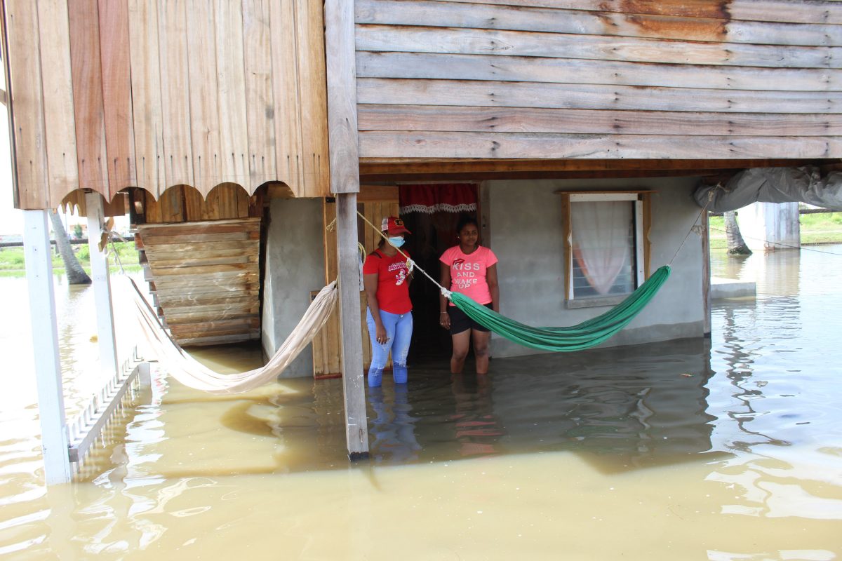 Yashoda Shivdin and Nalinie Ragnauth, of Port Mourant, Corentyne, standing in front of their house in the flood waters.