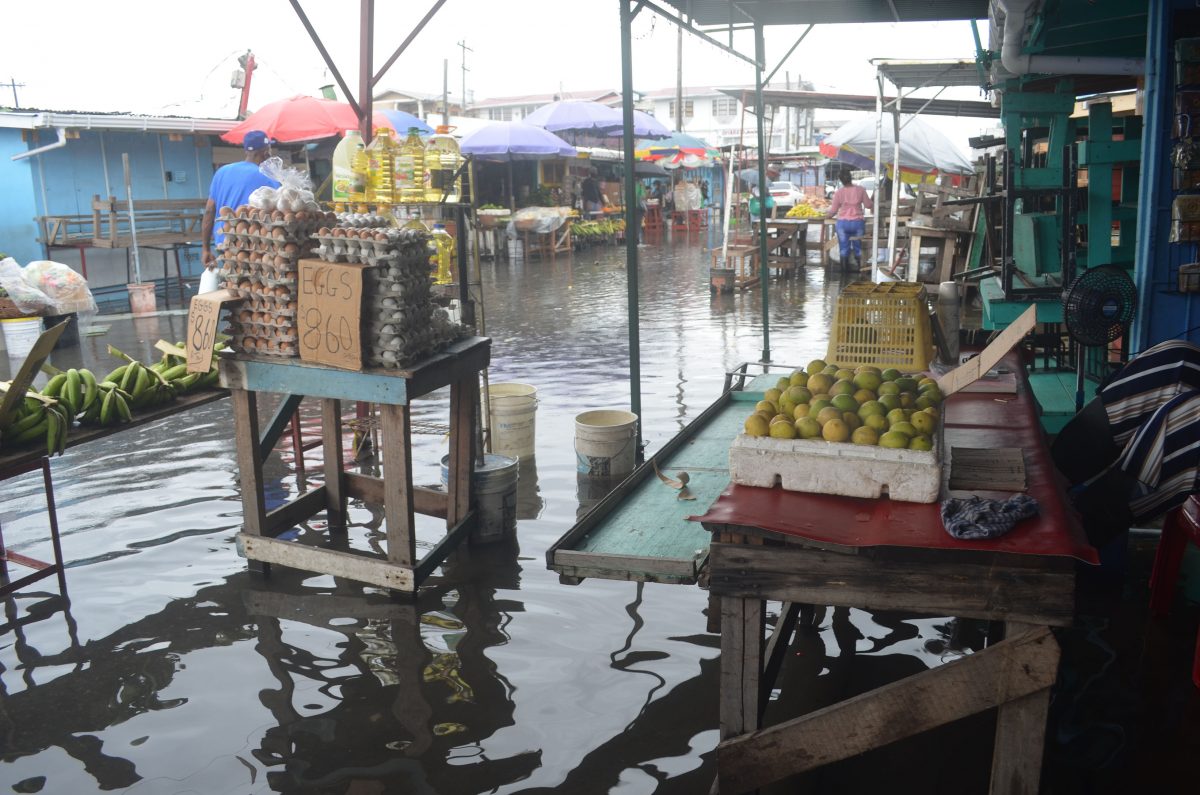A flooded section of Bourda Market yesterday. (Photo by Orlando Charles)