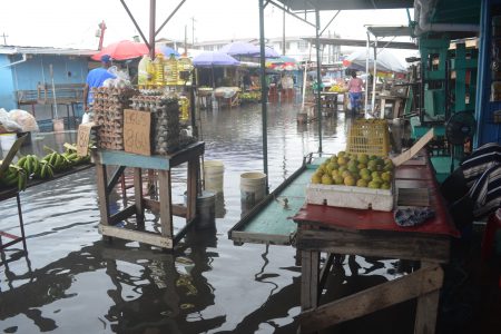 A flooded section of Bourda Market yesterday. (Photo by Orlando Charles)