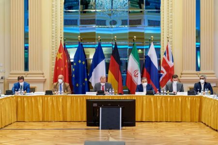 European External Action Service deputy secretary general Enrique Mora (third from left) and Iranian deputy at the Ministry of Foreign Affairs Abbas Araghchi (fourth from left) at talks in Vienna on June 20, 2021.PHOTO: REUTERS