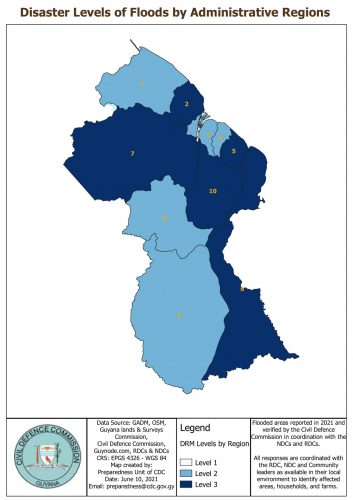 A CDC map showing the various levels of flooding in each region  