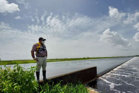 Minister Zulfikar Mustapha checking the spill weir located at the Abary Conservancy, which allows the flow of water into the Berbice River. Mustapha on Saturday reported that the “integrity” of the spill weir is intact, as no breakaway was found. (Bebi Oosman photo) 