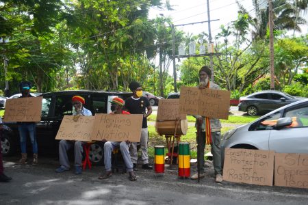Members of the Guyana Rastafari Council during a recent peaceful protest opposite the Chambers of the Attorney General (Orlando Charles photo)
