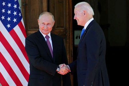 Russian President Vladimir Putin, left, and US President Joe Biden shake hands during their meeting at the ‘Villa la Grange’ in Geneva, Switzerland in Geneva, Switzerland, Wednesday, June 16, 2021. (AP Photo/Alexander Zemlianichenko, Pool)