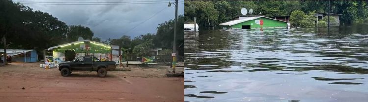 Before and after images showing the Jeep Landing and Moses Forde shop in Kwakwani, Berbice River on March 3 and June 5 (Photo: Lance DaSilva)