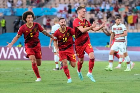 Belgium’s Thorgan Hazard celebrates scoring their first goal Pool via REUTERS/Thanassis Stavrakis