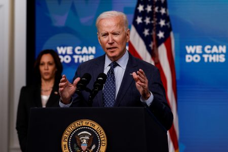 FILE PHOTO: U.S. President Joe Biden delivers remarks on his administration's coronavirus disease (COVID-19) response, as Vice President Kamala Harris stands by in the Eisenhower Executive Office Building's South Court Auditorium at the White House in Washington, U.S., June 2, 2021. REUTERS/Carlos Barria/File Photo