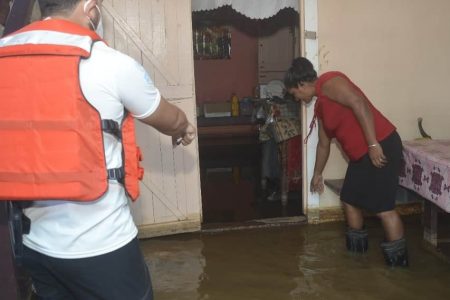 Still in deep floodwater, a resident of Region Five (Mahaica-Berbice) showing a member of the Detailed Damage Sector Analysis (DDSA) team how high the water had been. The visit by the DDSA team was conducted over the weekend.  (Civil Defence Commission photo)