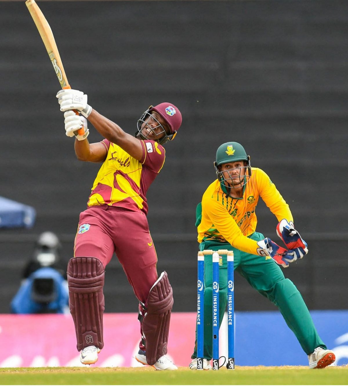 Left-handed opener Evin Lewis goes on the attack during his top score of 71 in yesterday’s opening T20 International. 
