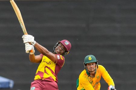 Left-handed opener Evin Lewis goes on the attack during his top score of 71 in yesterday’s opening T20 International. 