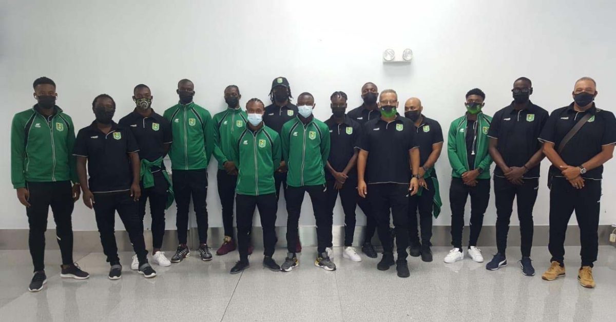 Members of the locally based Golden Jaguars Senior Men’s programme prior to their departure from the Cheddi Jagan International Airport for Florida to compete in the 2021 Gold Cup Playoffs 