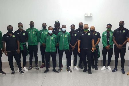 Members of the locally based Golden Jaguars Senior Men’s programme prior to their departure from the Cheddi Jagan International Airport for Florida to compete in the 2021 Gold Cup Playoffs 