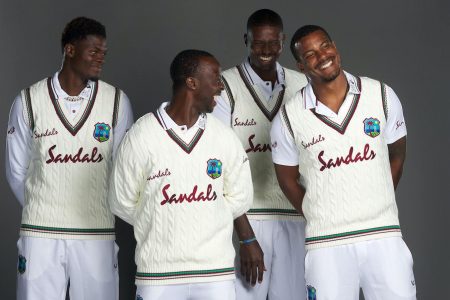 Kemar Roach, second from left believes his fellow fast bowlers in Alzarri Joseph (extreme left), Shannon Gabriel (extreme right) and Jason Holder (second from right) are experienced enough to dismiss South Africa twice.
