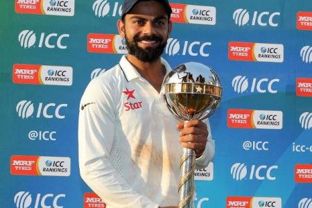 India’s Virat Kohli and the ICC championship mace.
