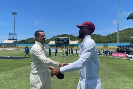 West Indies captain, Kraigg Brathwaite congratulates his opposite number Dean Elgar on their victory.