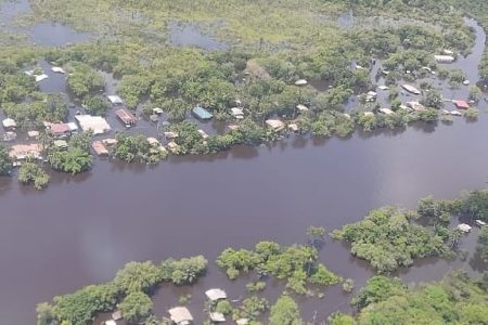 An overhead shot of flooding at Kwakwani. (CDC photo)