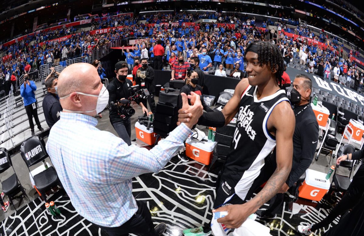 YOUR’E THE MANN! Clippers owner Steve Ballmer congratulates Terance Mann.