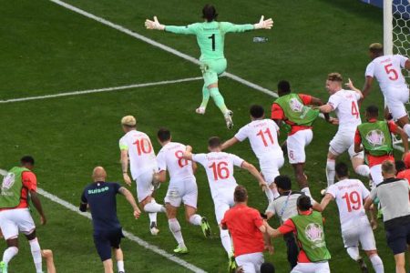 Switzerland goalkeeper Yann Sommer is ecstatic after saving Kylian Mbappe’s penalty.