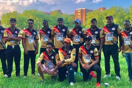 Gudakesh Motie (second from left) scored 108 and took four wickets to see Galaxy CC to a 180-run win over Bronx CC on Sunday