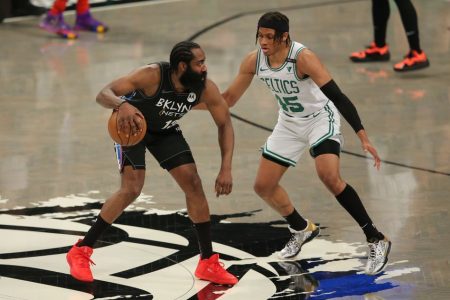 James Harden of the Brooklyn Nets prepares to gop one-on-one against Romeo Langford of the Boston Celtics Tuesday Night. (Mandatory Credit: Brad Penner-USA TODAY Sports)