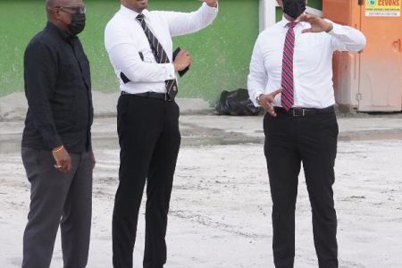 The Minister of Culture, Youth and Sport, Charles Ramson Jr.,  along with chairman of the National Sports Commission, Kashif Muhammad hit the ground running yesterday, bringing the newly appointed Director of Sport, Steve Ninvalle up to speed with ongoing works at the National Racquet Centre, the National Gymnasium and the Cliff Anderson Sports Hall.