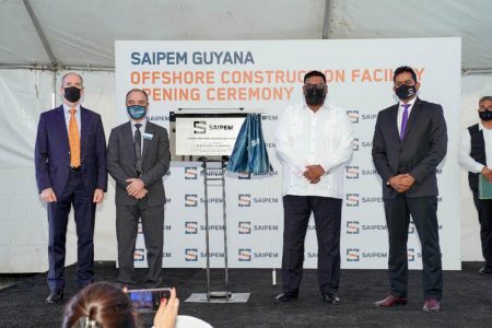 From left are President of ExxonMobil Guyana Alistair Routledge, President and Chief Executive Officer of Saipem America Giorgio Martelli, President Irfaan Ali and Managing Director of Saipem Guyana Thuranthiran Nadarajah (Office of the President photo)