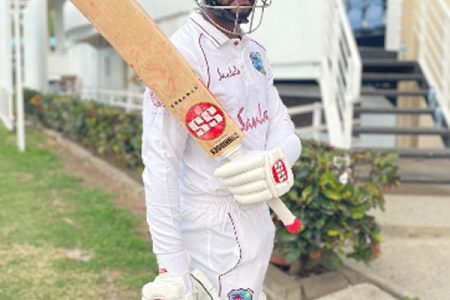 Shai Hope pauses after leaving the field following his unbeaten hundred. 