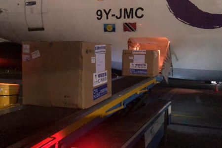 The Sinopharm vaccines arrived on a chartered Caribbean Airlines flight just around midnight (Ministry of Health photo) 